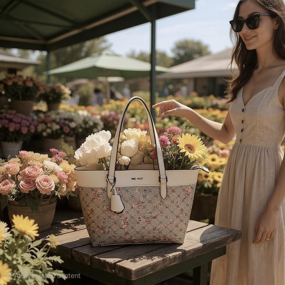 NEW Nine West Kaislie Tote Floral Logo Purse Cream Pink